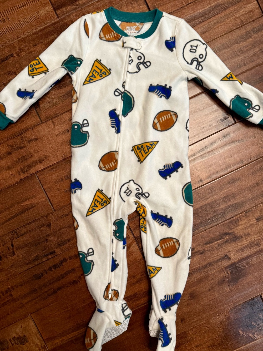 Carter's White Football & Team Print Footed One-Piece Pajamas with Teal Trim